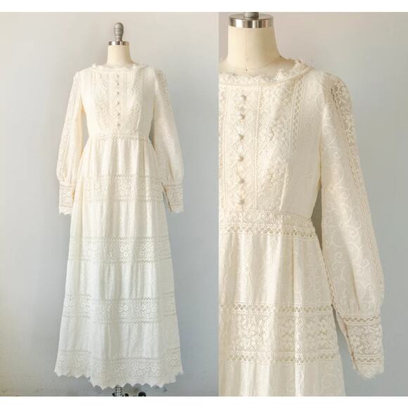 Vintage c. 1970 Emma Domb Boho Mod Prairie Victorian Lace Wedding Dress Davids - Picture 1 of 14
